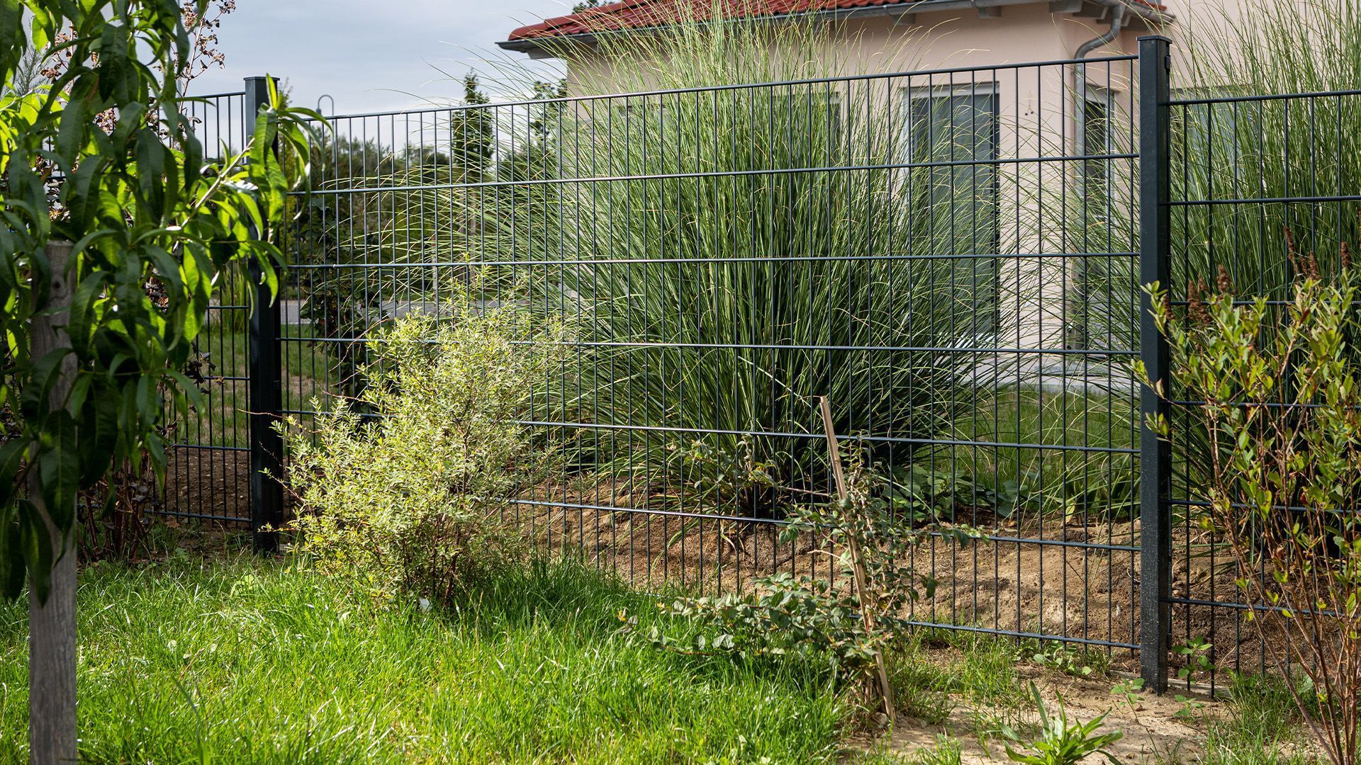 Doppelstabmattenzaun in einem Garten von zahlreichen Pflanzen umgeben